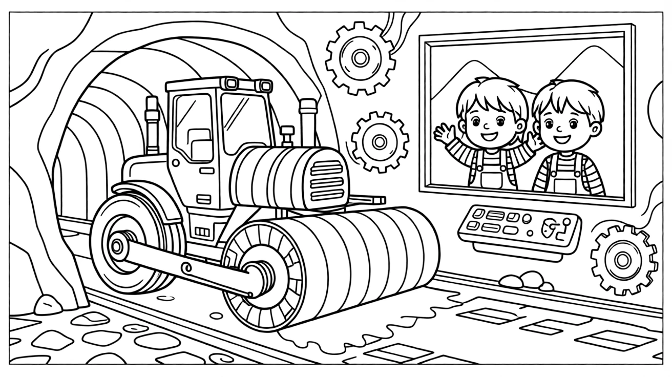 A striped steamroller flattening fresh pavement takes center stage in a tunnel cutting through a rocky mountainside, where twin siblings pressing their faces to the window can be seen nearby, surrounded by gears and control panels glowing softly.