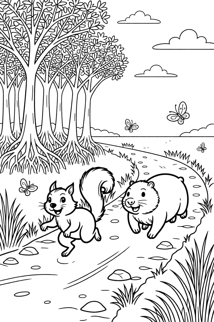 A squirrel along a dusty savanna trail, racing playfully alongside a wombat, next to a mangrove forest, surrounded by fluttering butterflies.