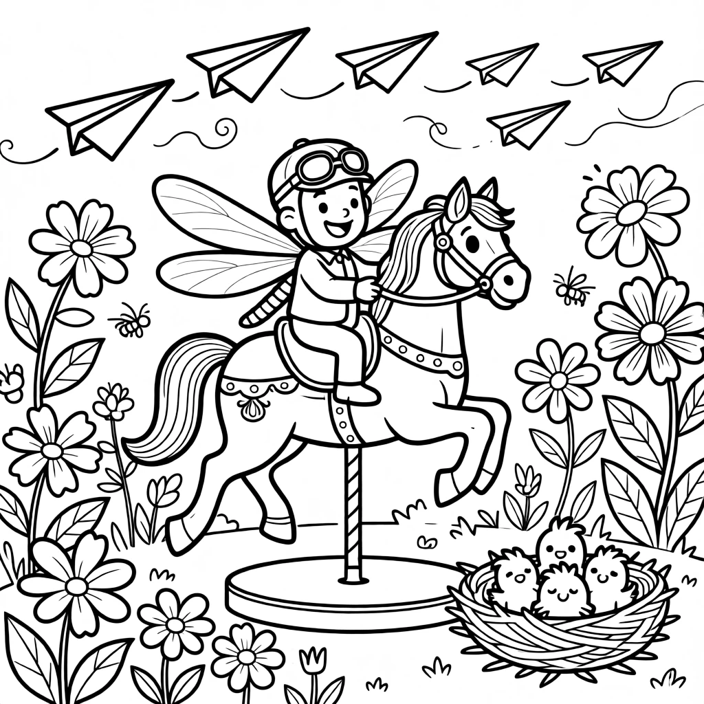 In a garden where the flowers hum little tunes, a proud dragonfly pilot is busy riding a carousel horse that has come to life, cheered on by a nest of sleepy baby birds and a flock of paper airplanes soaring overhead. The whole crew is grinning from ear to ear.