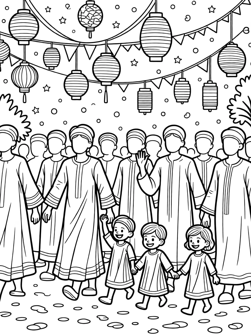 A coloring page capturing a joyful festival moment in Senegal: the Magal pilgrimage with crowds walking together in bright robes, surrounded by smiling children, decorations, and confetti in the air.