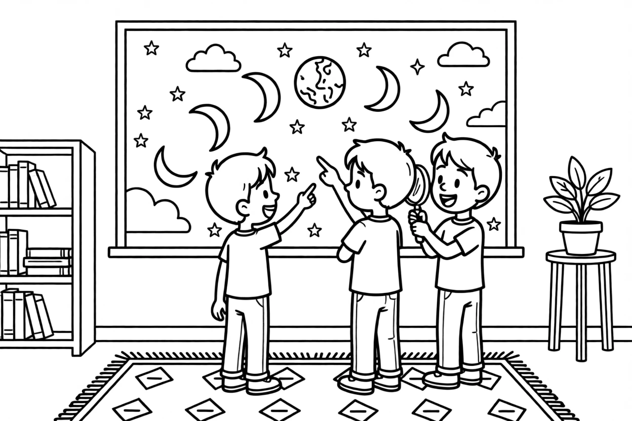 an excited pair of best friends studies moon phases using a chart of glowing crescents pinned to the wall.