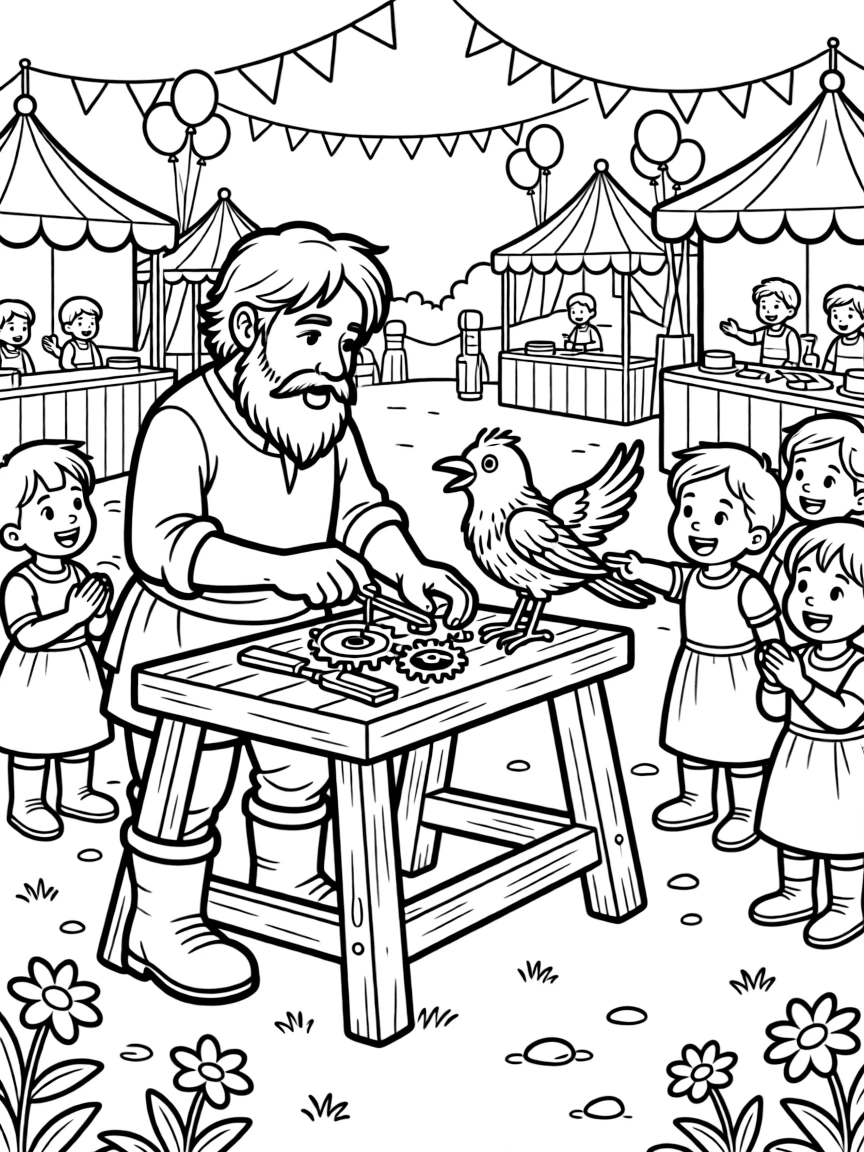 A dwarf engineer builds a small clockwork bird that sings real songs, delighting children at the village fair.