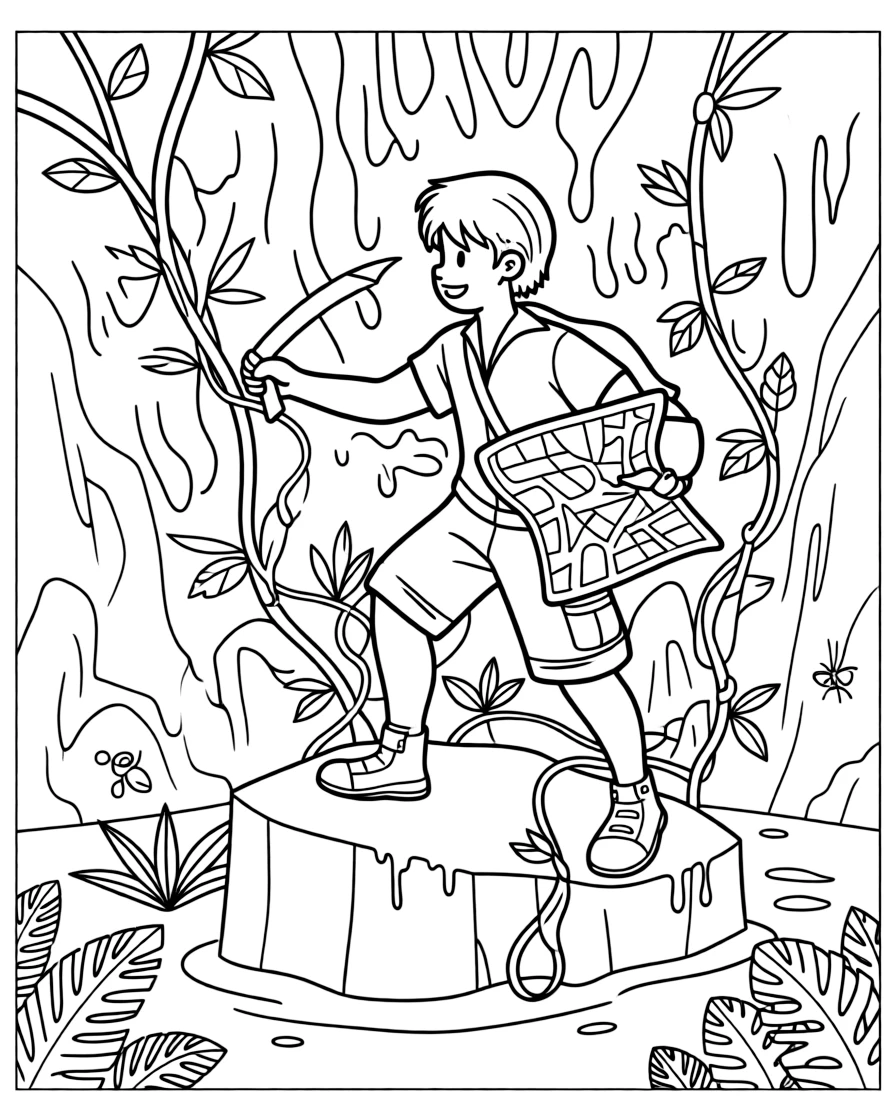 [Explorers] A dynamic scene shows a jungle explorer with a compass hacking through thick jungle vines atop an icy glacier, letting out a triumphant roar. Close by, a map is tucked under one arm. A trusty compass points the way forward. The moment unfolds just after a rainstorm, with heat waves shimmering in the distance, filled with energetic detail perfect for a young colorist.