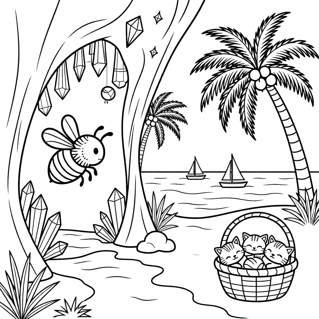 A fuzzy bumblebee is exploring a cave glittering with crystals at a desert oasis ringed with palm trees. Just beyond, a basket of sleepy kittens curled together and little sailboats bobbing on the horizon complete the joyful scene.