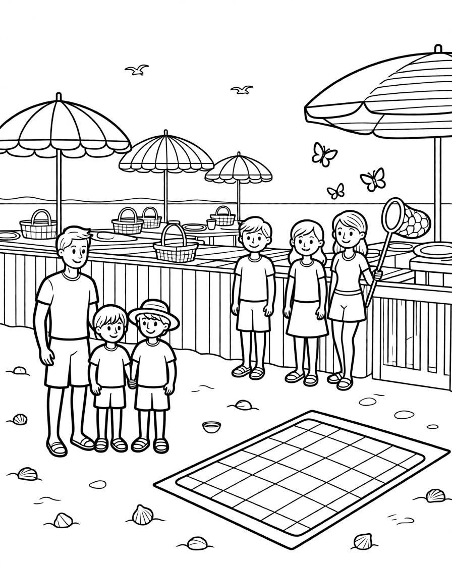 A family enjoying one last summer picnic at a bustling boardwalk with striped umbrellas, alongside a group of three friends and a butterfly net leaning on a fence, with a beach towel spread on the sand close by.