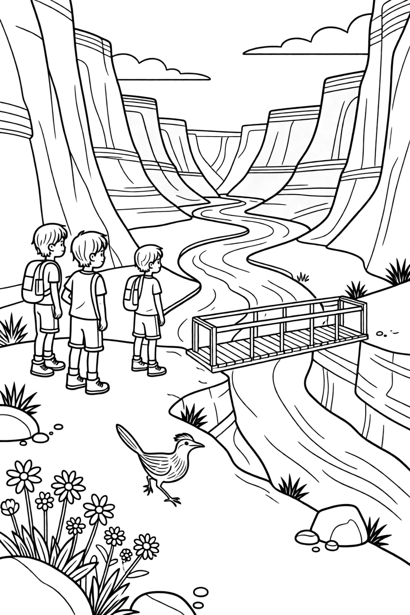 [Canyon Trails] A group of hikers pauses to admire a winding river far below the canyon rim. A roadrunner darts across the trail past a cluster of wildflowers growing between rocks. A narrow wooden bridge crosses a rocky gap between two towering canyon walls. The canyon glows deep orange as the sun sets behind the layered rock walls.