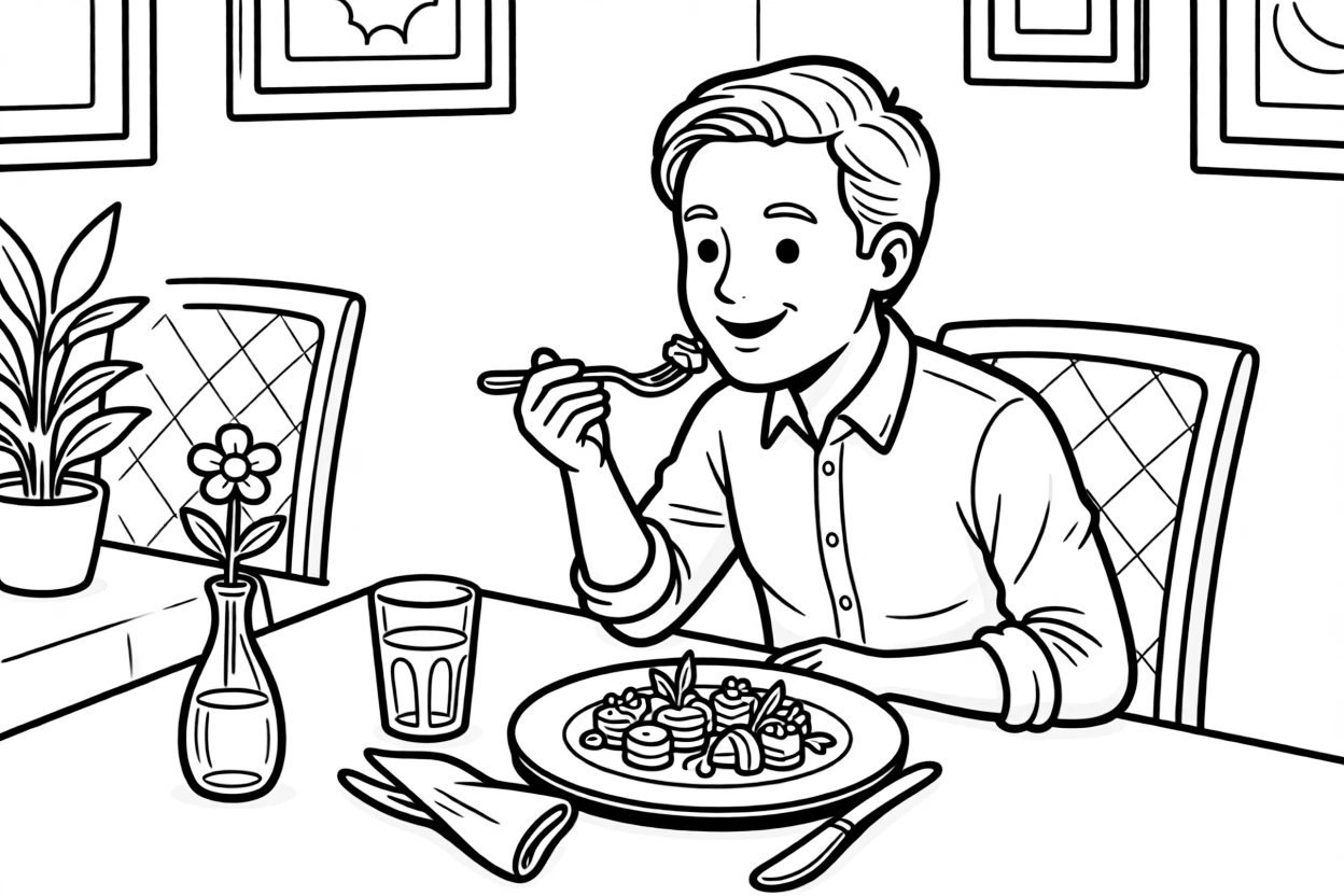 A food critic tastes a small bite of a fancy dish at a restaurant table.