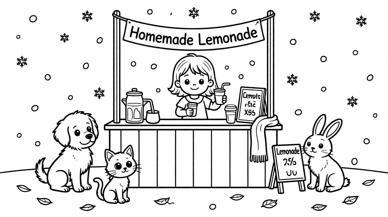 A shy toddler selling homemade lemonade at a pet adoption fair while snowflakes fall softly.