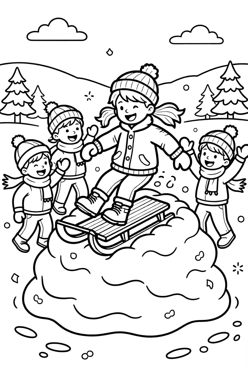 A determined girl with pigtails, tumbling off a sled into a soft snowbank and laughing with friends.