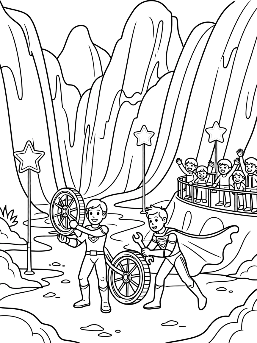 Twin superhero siblings Flux (super-strong) and Orion (super-fast) fixing the wobbly wheel on a rover before the big race, in a frozen waterfall planet with rainbow-colored ice, with a group of kids waving from a nearby observation deck and a row of streetlights shaped like glowing stars nearby.