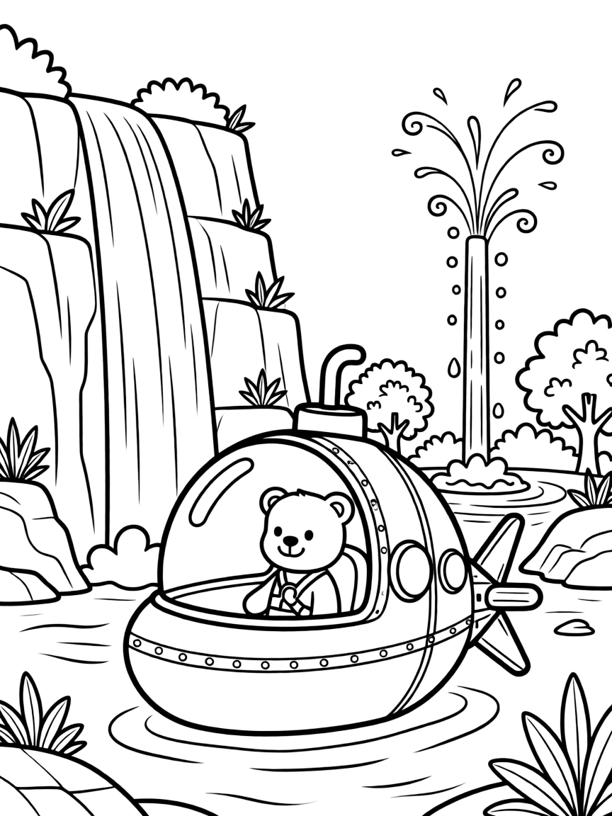 The scene captures a mini submarine explorer with a bubble-shaped window in the middle of a national park with towering waterfalls and rocky cliffs, with a teddy bear buckled safely into the passenger seat nearby and a bubbling geyser shooting up in the distance sprinkled around for extra fun.