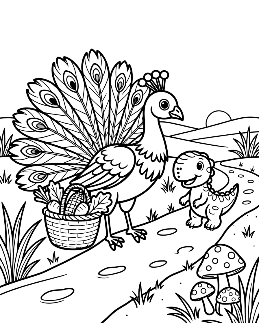 A peacock carrying a basket of vegetables with a T-Rex hatchling along a dusty savanna trail, near a cluster of colorful mushrooms.