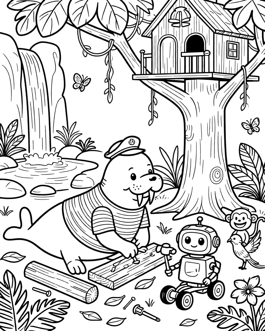 A sparkly walrus sea captain takes a break from adventures to try building a treehouse with hammer and nails in a jungle clearing with hanging vines and waterfalls, with a tiny robot rolling along on training wheels close behind. The whole crew is grinning from ear to ear.