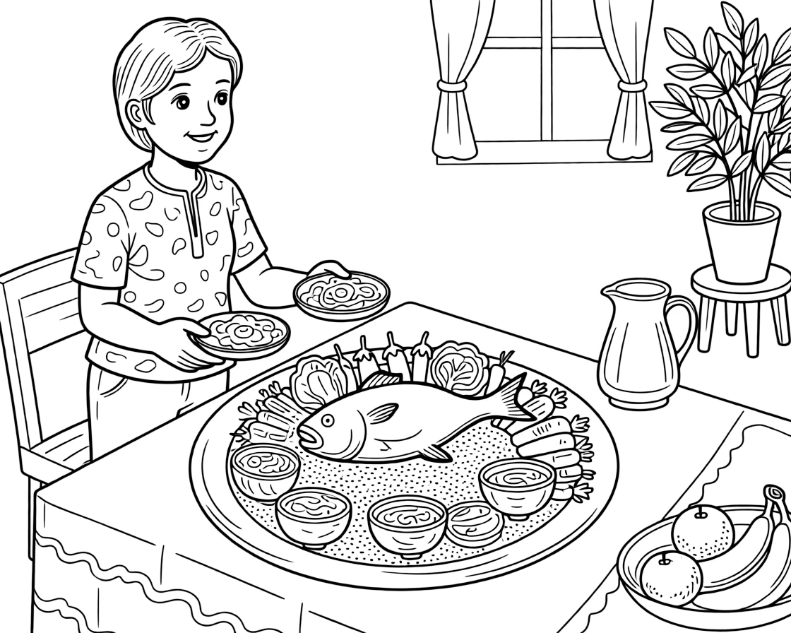 A coloring page showing a delicious spread from Senegal: a plate of thieboudienne rice with fish and vegetables, set out on a table with a friendly family member serving portions.