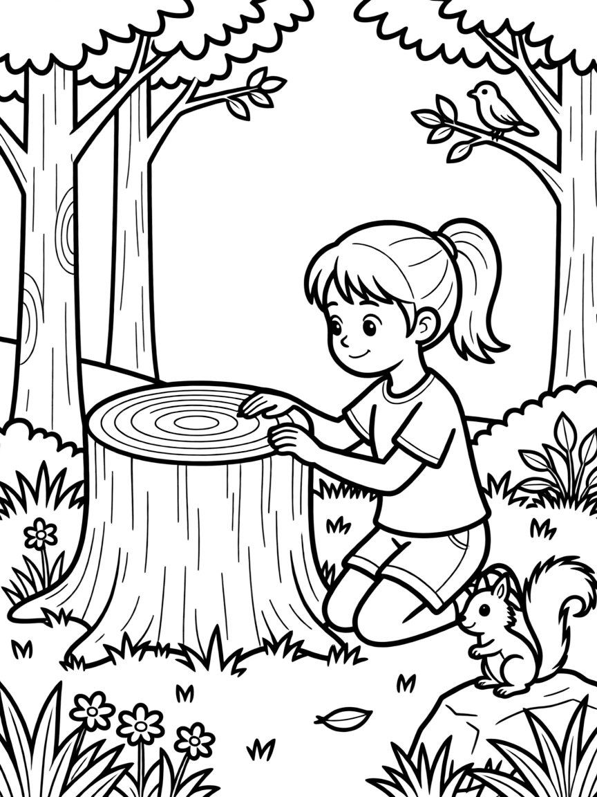an adventurous young girl counts the rings inside a tree stump to guess how old the tree might be.