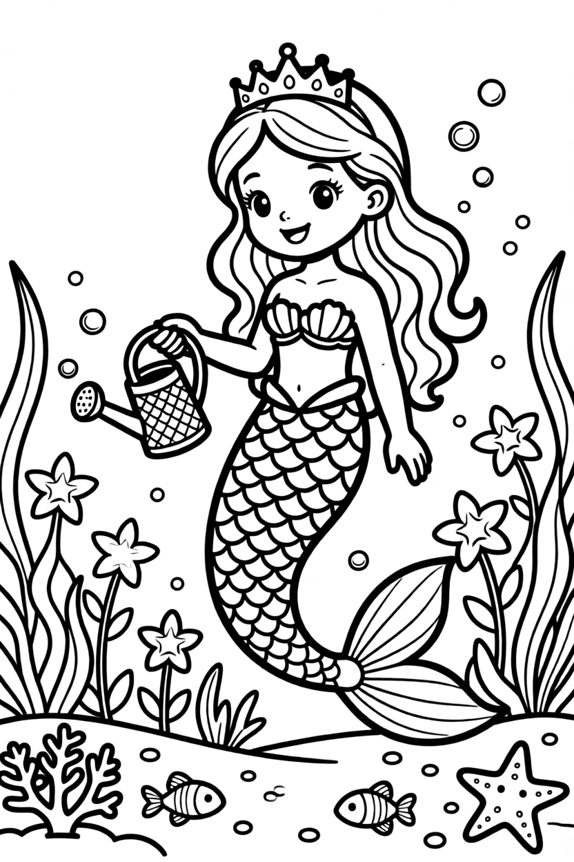 A mermaid princess's underwater garden grows glowing sea flowers shaped like tiny stars, tended with a coral watering can.