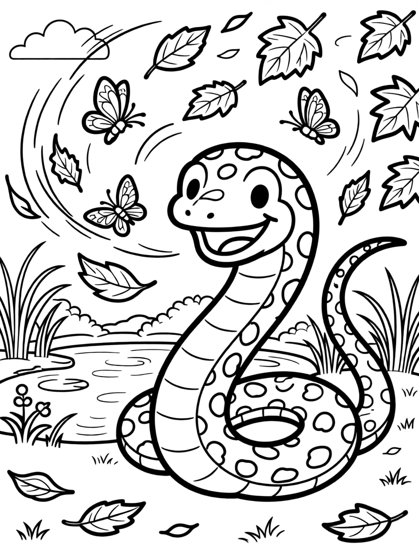 [Reptiles] a coiled friendly snake resting beside a quiet pond beside a swampy pond, laughing joyfully. Nearby, butterflies flutter through the warm air. A long tail curls behind its body. The scene is captured on a crisp autumn afternoon, with autumn leaves swirling in the wind, giving the page a lively and adventurous feel that invites plenty of colorful detail.