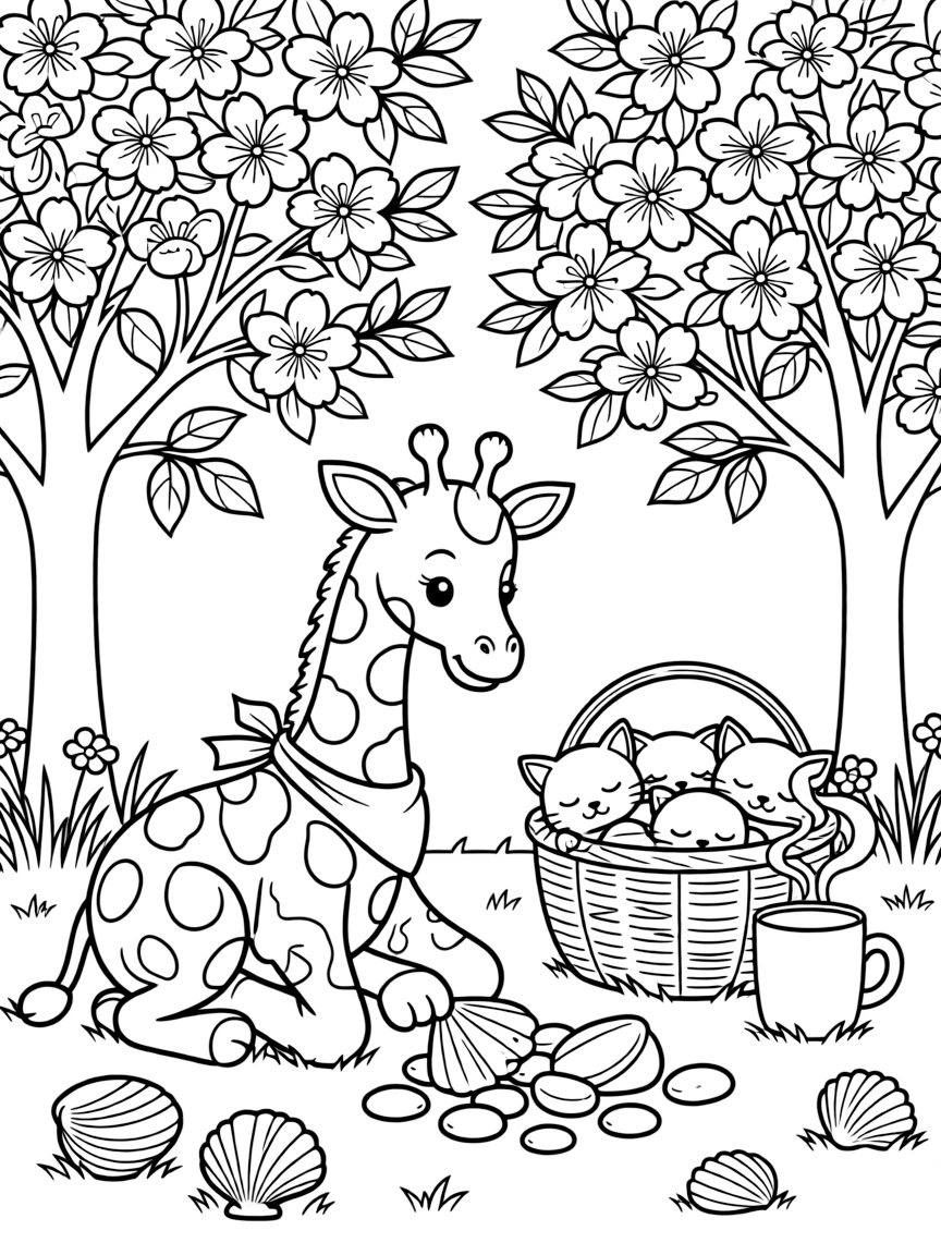 A spotted giraffe calf is sorting seashells and pebbles by size and color in a blooming cherry blossom park. All around, a curling wisp of steam from a warm mug and a basket of sleepy kittens curled together bring the scene to life.