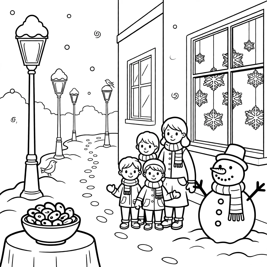 A wide view on a quiet street lined with snow-capped lampposts, featuring a bowl of lucky roasted soybeans, a whole smiling family, and a cheerful snowman with a striped scarf, with paper snowflakes hanging in a window nearby.