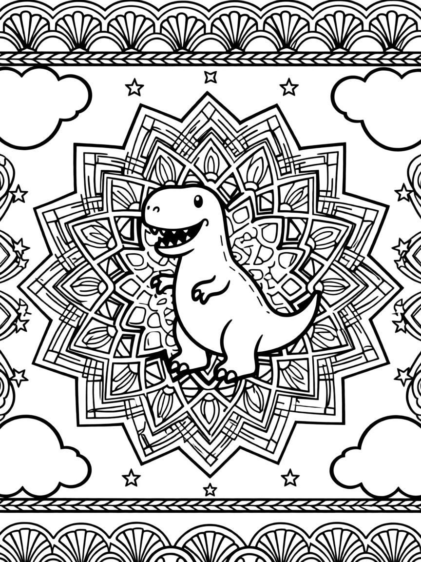 Dinosaurs & Prehistoric: The page presents a small themed scene built around a t-rex with small arms and a big grin, tied together by a diamond lattice mandala crossing over itself in a grid. The scene is positioned in the middle of a balanced layout, with smaller matching details arranged above and below. Decorative details fill the surrounding space, including rounded puffy cloud shapes, rows of scalloped fan shapes, and bands of braided rope shapes woven throughout the background. A playful extra touch completes the page: a scattering of small stars filling in any open gaps in the pattern.