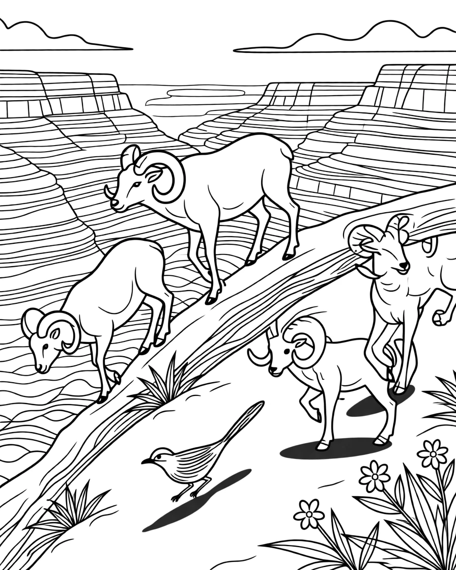 [Canyon Trails] A family of bighorn sheep climbs confidently along a narrow ledge above the canyon floor. A roadrunner darts across the trail past a cluster of wildflowers growing between rocks. Layers of red, orange, and gold rock rise in dramatic stripes along the canyon walls. Bright sunlight illuminates the striped canyon walls beneath a nearly cloudless sky.