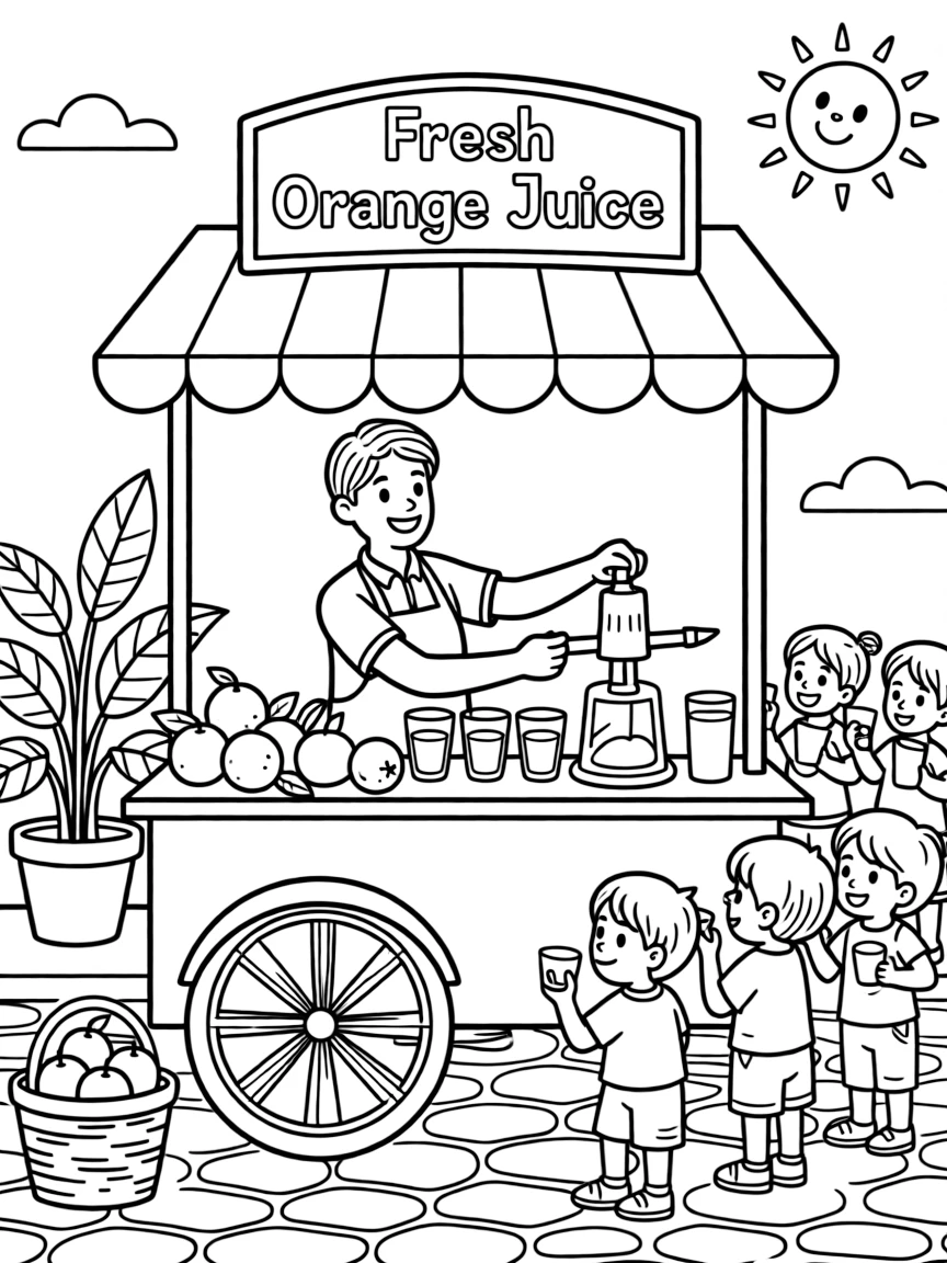 A juice stand vendor squeezes fresh oranges into cups at a sunny street cart.