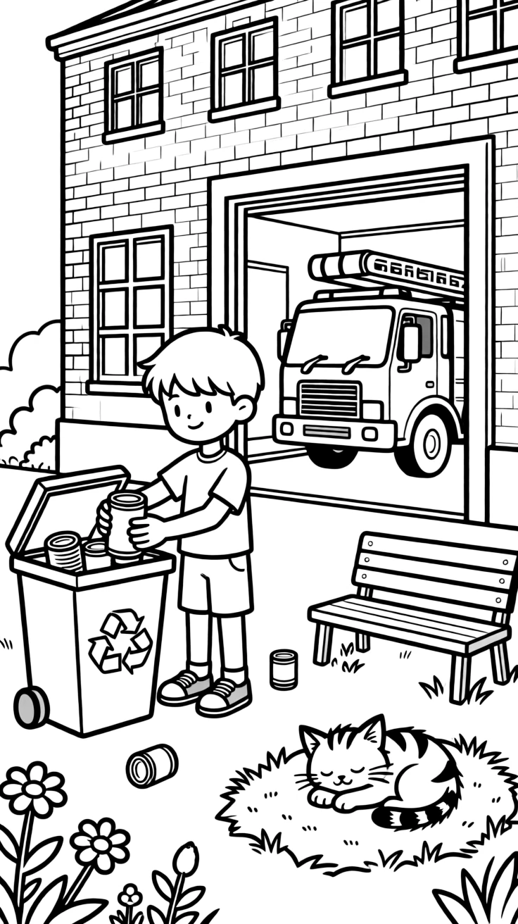 A little boy collecting cans for recycling at a fire station open house while a kitten naps in a sunny spot.