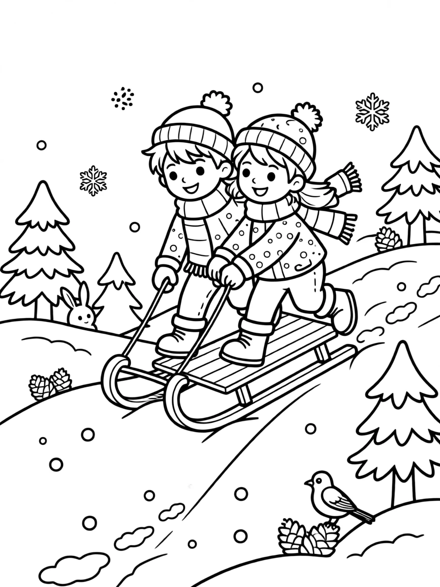 A pair of best friends, pulling a sled back up a snowy hill for another exciting run.