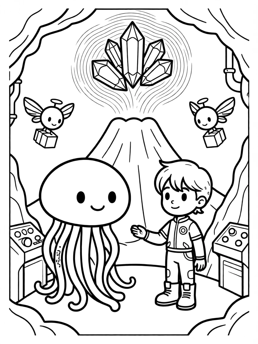 Snorble, a glowing jellyfish-like alien creature showing a new alien student around the space academy in a secret underground base hidden beneath a volcano, as tiny drones buzzing around delivering packages and a cluster of floating crystals humming softly fill the scene.