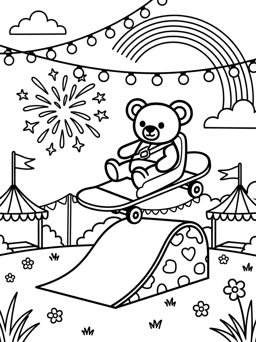 A coloring page featuring a skateboard doing a trick off a colorful ramp, traveling through a festival ground lit up with strings of colorful lights, with a teddy bear buckled safely into the passenger seat and fireworks bursting in the sky in the background and a rainbow arching across the sky filling the scene.