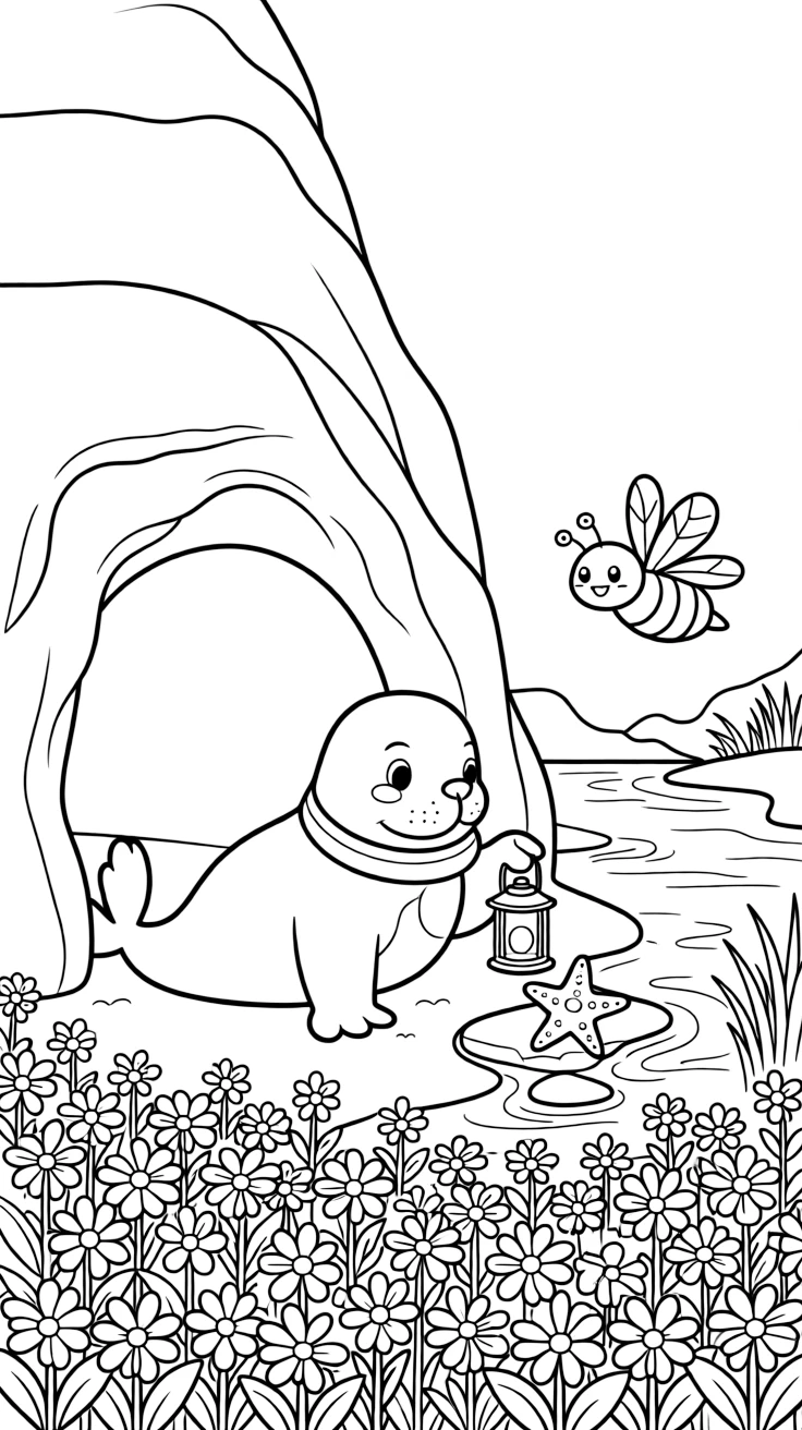 A walrus exploring a cave with a lantern beside a starfish on a riverbank at dawn, near a field of wildflowers, while a friendly bee buzzes past.