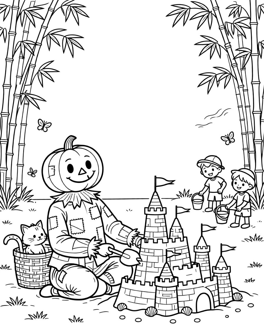 A dreamy pumpkin-headed scarecrow takes a break from adventures to try building an enormous sandcastle fortress in a bamboo forest clearing, with a curious kitten peeking out from a basket close behind. The whole neighborhood has come out to join the fun.