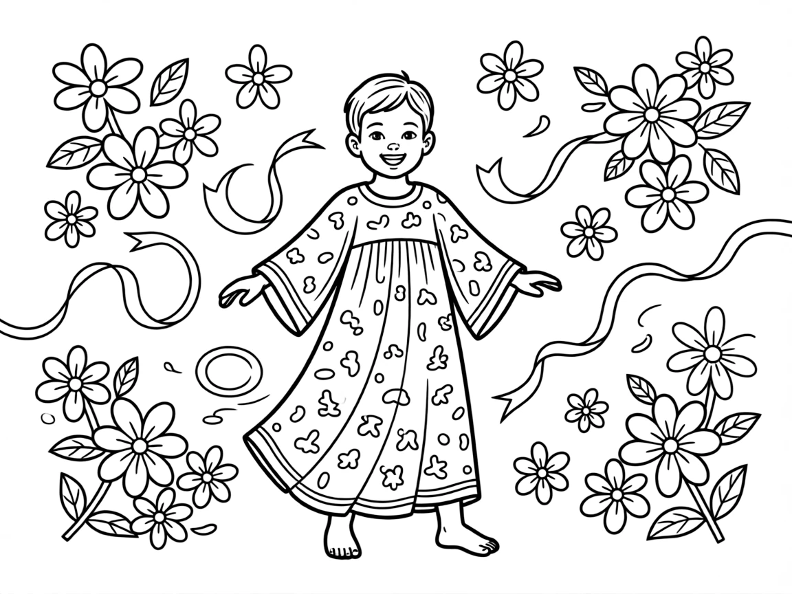 A coloring page from Senegal showing a child wearing a flowing boubou robe in bright printed fabric, posed for a festival photo with flowers and ribbons decorating the background.