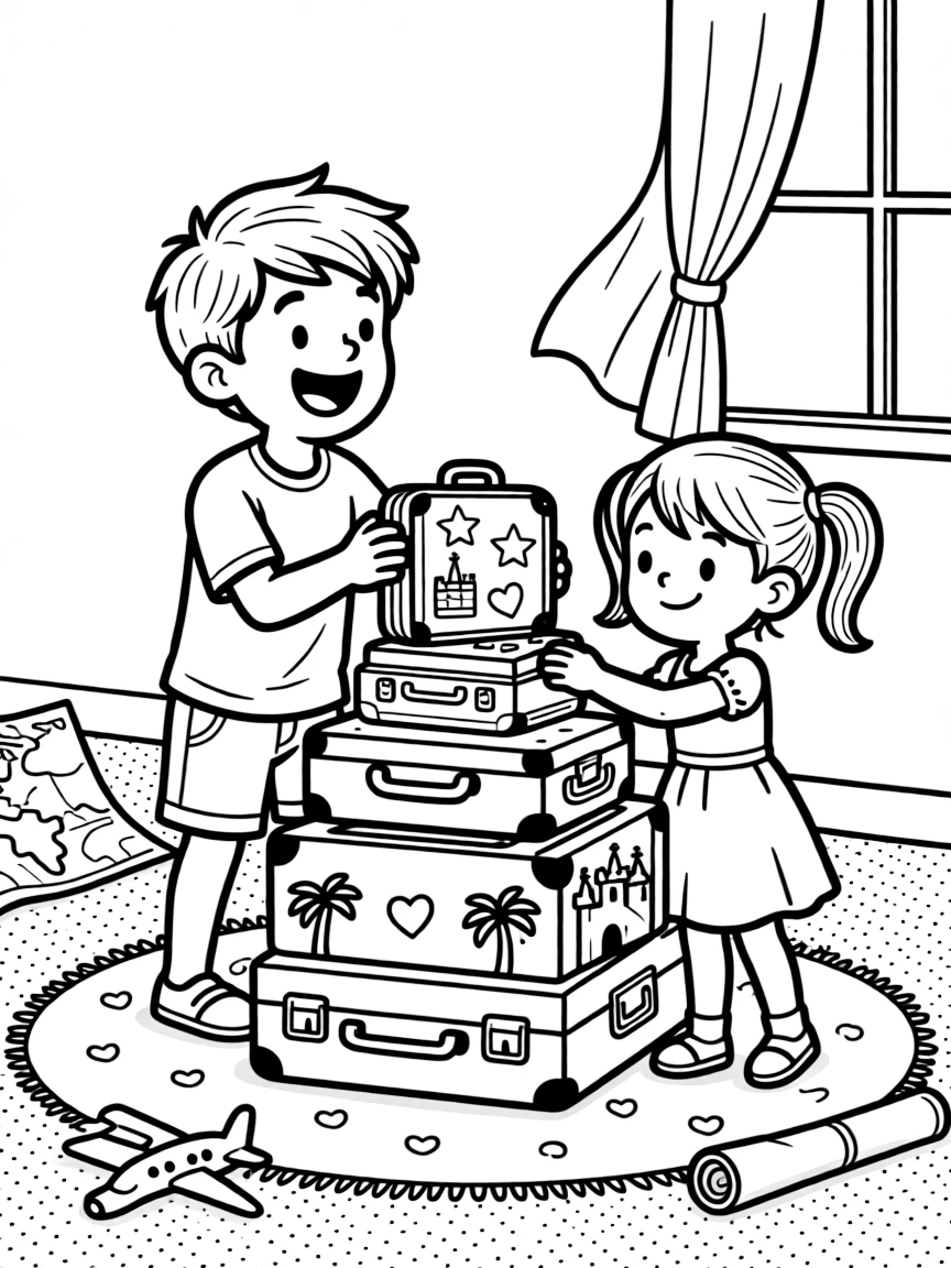 an excited older brother and his little sister stacks pretend suitcases covered in stickers from imaginary countries visited.