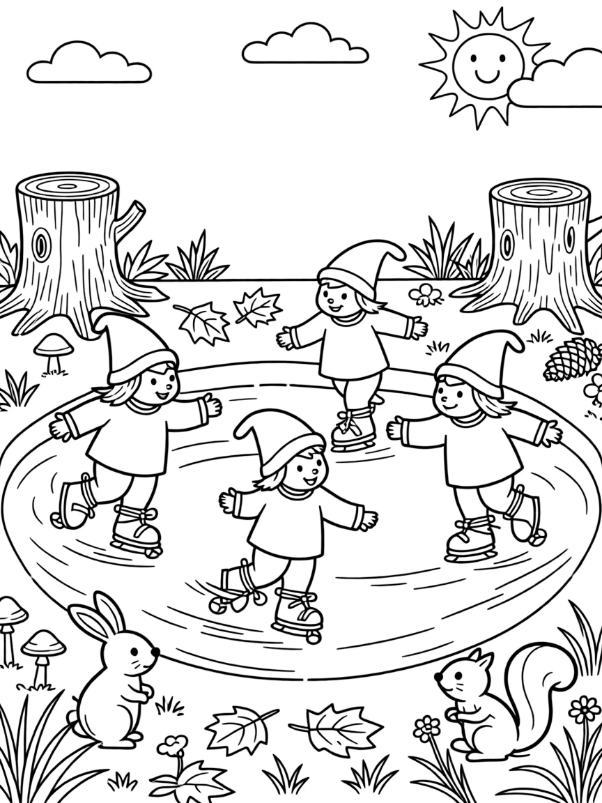 A group of woodland gnomes ice skate across a frozen pond using acorn caps tied to their feet.