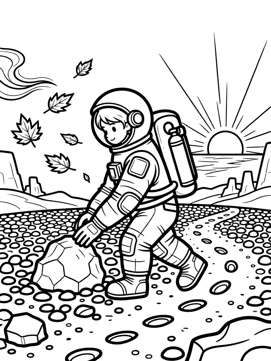 [Astronauts] an astronaut in a bulky spacesuit collecting rock samples on an alien planet on a red dusty planet. In the background, footprints trail across the dusty ground, adding extra fun to explore. A backpack of oxygen tanks rests on the suit. It all happens at sunrise, with autumn leaves swirling in the wind.