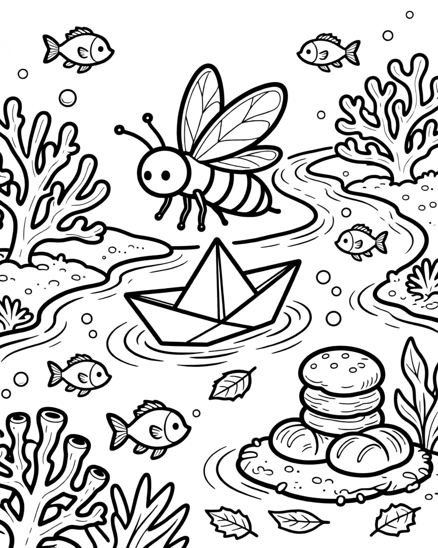 A glowing firefly is sailing a folded paper boat down a gentle stream in an underwater coral reef full of colorful fish. All around, swirling autumn leaves in every color and a stack of freshly baked pastries give the moment a cozy feel.