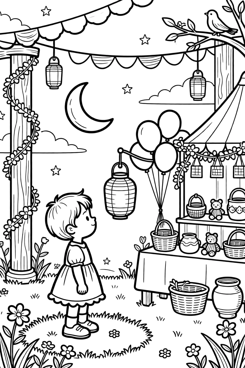 A lantern drifting past a crescent moon on a decorated stage set up for a community celebration, alongside a shy toddler taking it all in and a display of handmade crafts, with balloons tied to a festive booth close by.