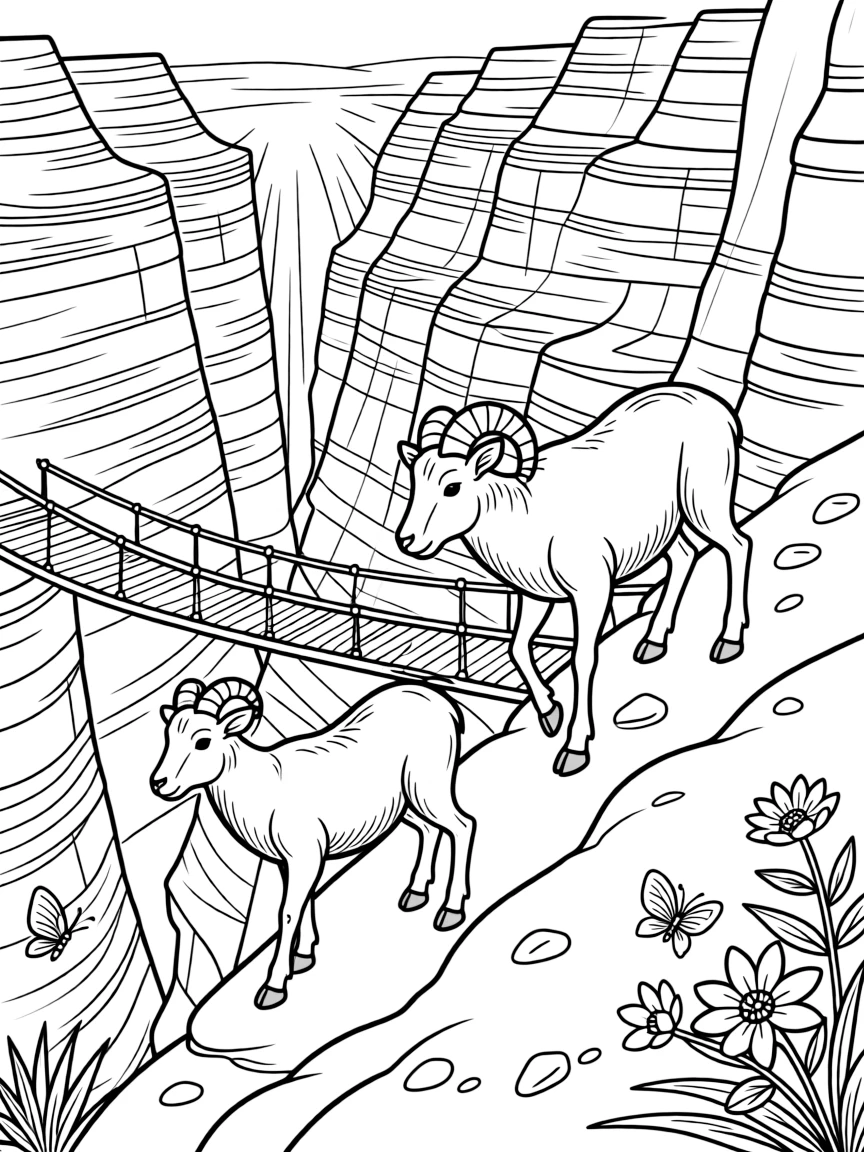 [Canyon Trails] A family of bighorn sheep climbs confidently along a narrow ledge above the canyon floor. Butterflies drift along the canyon rim near a patch of hardy desert blooms. A narrow wooden bridge crosses a rocky gap between two towering canyon walls. Morning light stretches across the canyon, highlighting every ridge and layer of rock.