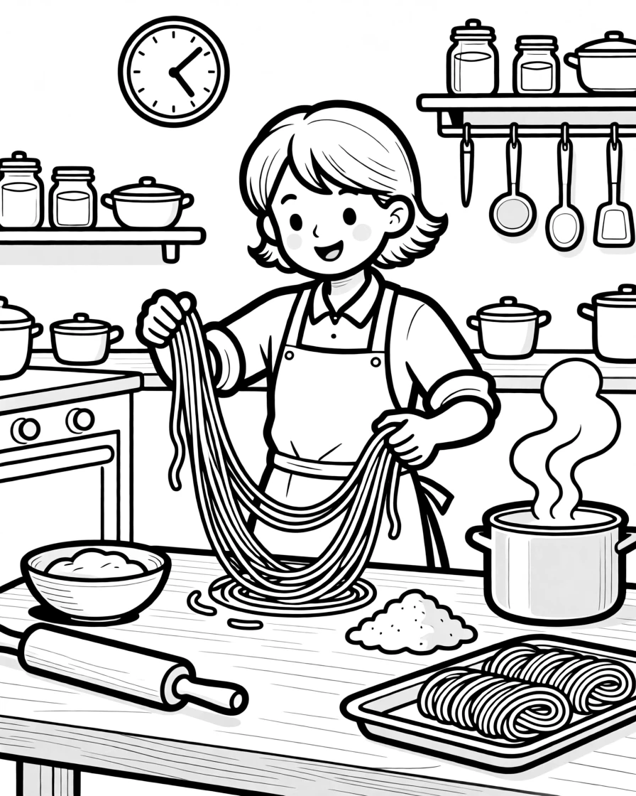 A noodle maker stretches and pulls long strands of dough in a bustling kitchen.