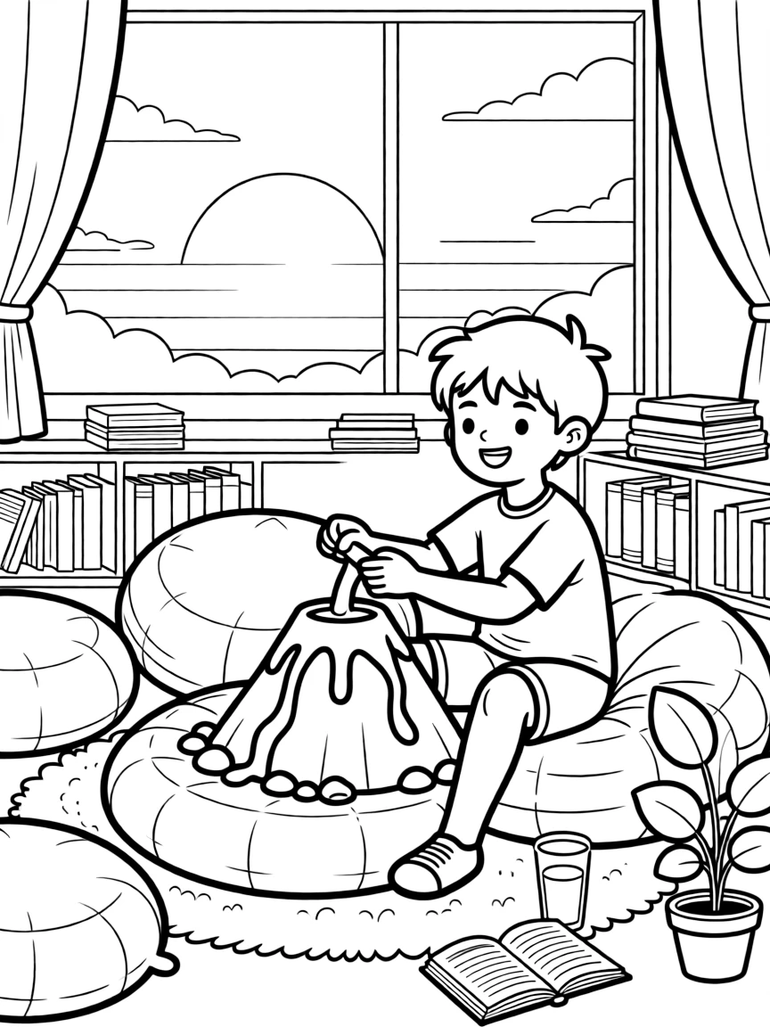 A giggling boy building a volcano model at a reading corner with beanbags as the sun sets in orange and pink.