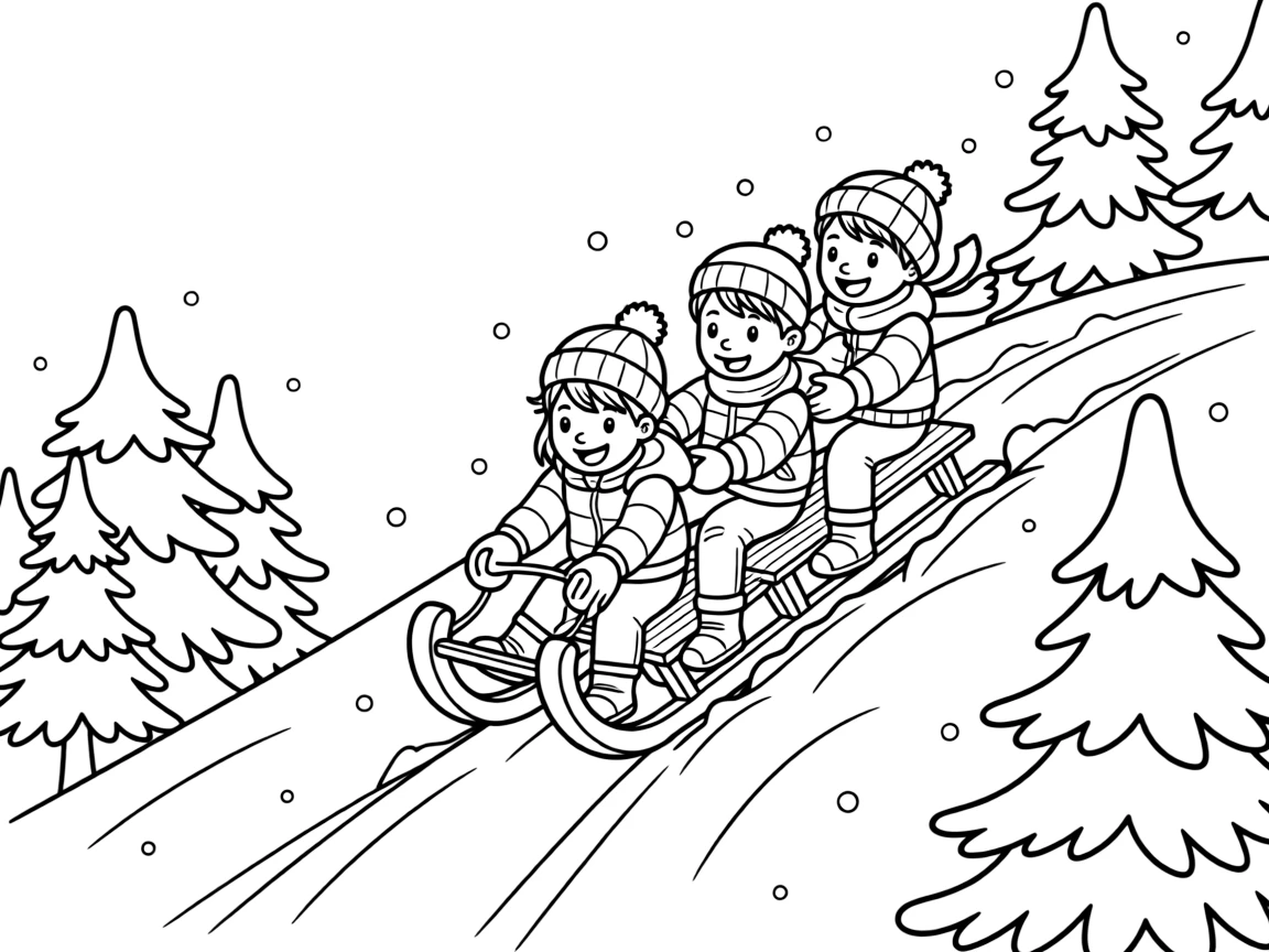 A team of neighborhood kids, steering a wooden toboggan down a curvy hill lined with snow-covered trees.