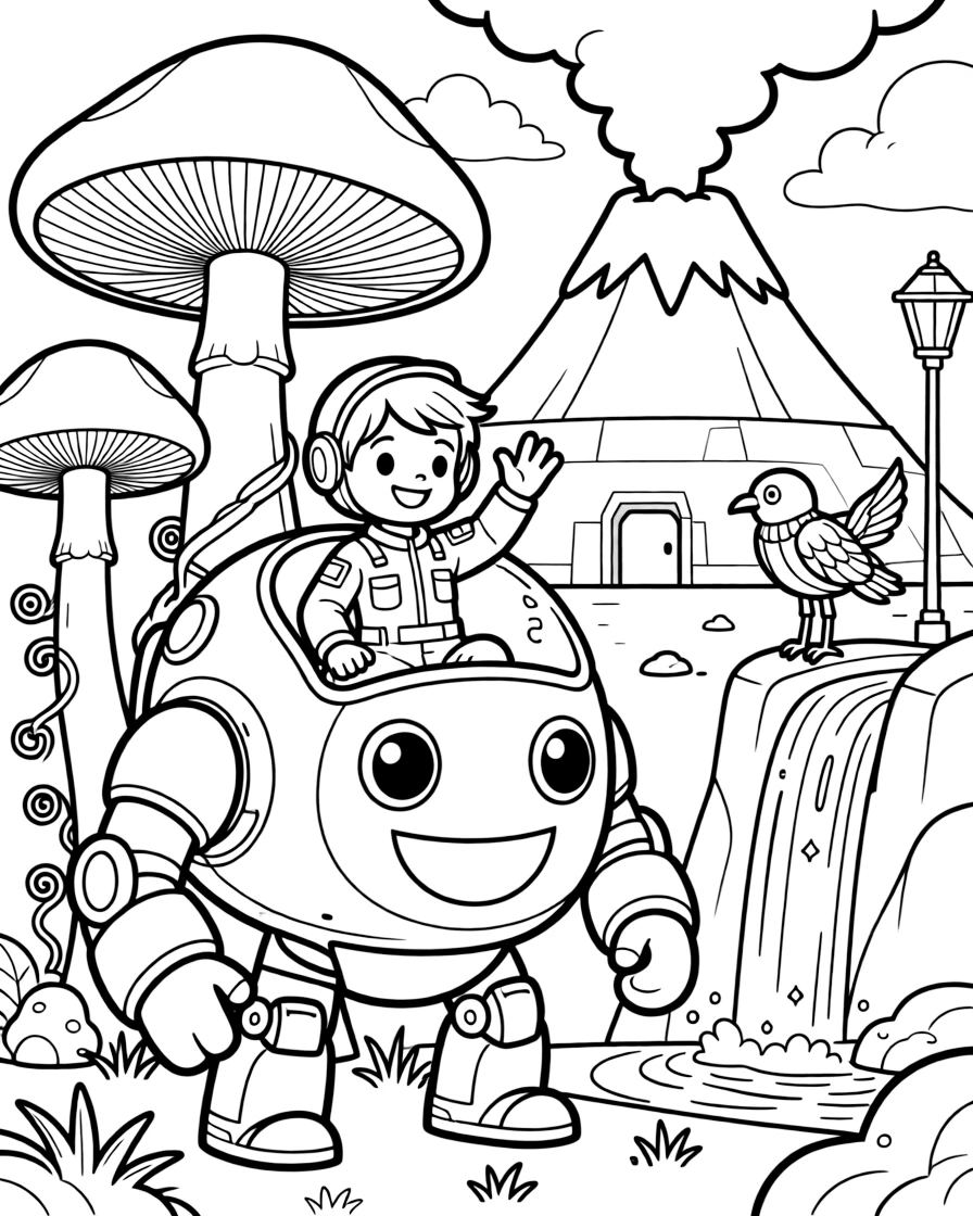 Young pilot Atlas riding inside the friendly giant mech Vanguard playing hide and seek among giant mushroom towers on an alien world near a secret underground base hidden beneath a volcano, surrounded by a robotic bird perched on a lamp post and a waterfall of sparkling light cascading down a cliff.