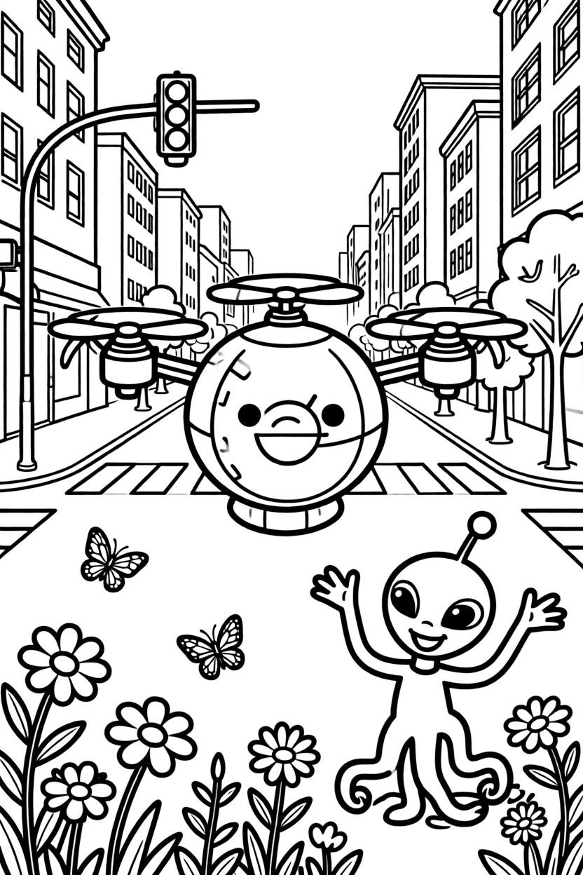 The scene captures a round robot delivery drone with spinning propellers in the middle of a bustling city street lined with tall buildings and traffic lights, with a friendly alien waving three tentacle-arms nearby and butterflies fluttering near a patch of wildflowers sprinkled around for extra fun.