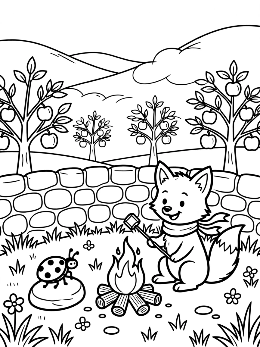 A tiny fox kit in a secret garden behind a stone wall, roasting marshmallows by a campfire with a ladybug, next to a apple orchard, while morning fog rolls over the hills.