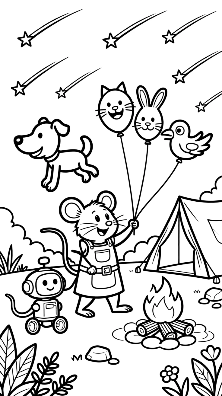 At a campsite under a sky full of shooting stars, a wide-eyed rat inventor discovers the joy of leading a parade of floating balloon animals, while a tiny robot rolling along on training wheels watches happily nearby. The whole crew is grinning from ear to ear.