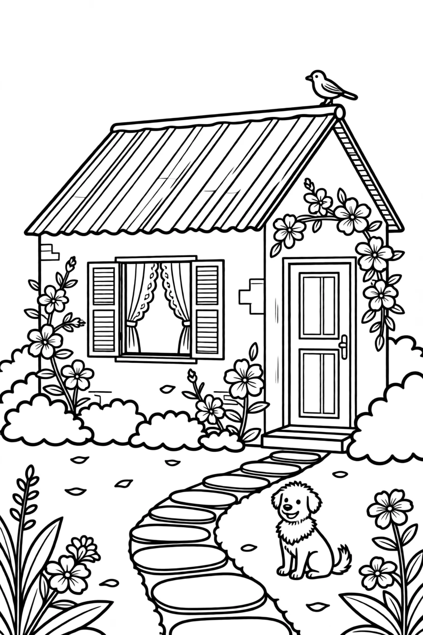 A coloring page of a charming home scene in Senegal showing a coastal house painted in bright colors with a tin roof, with a garden path, a small pet, and flowers growing along the walls.