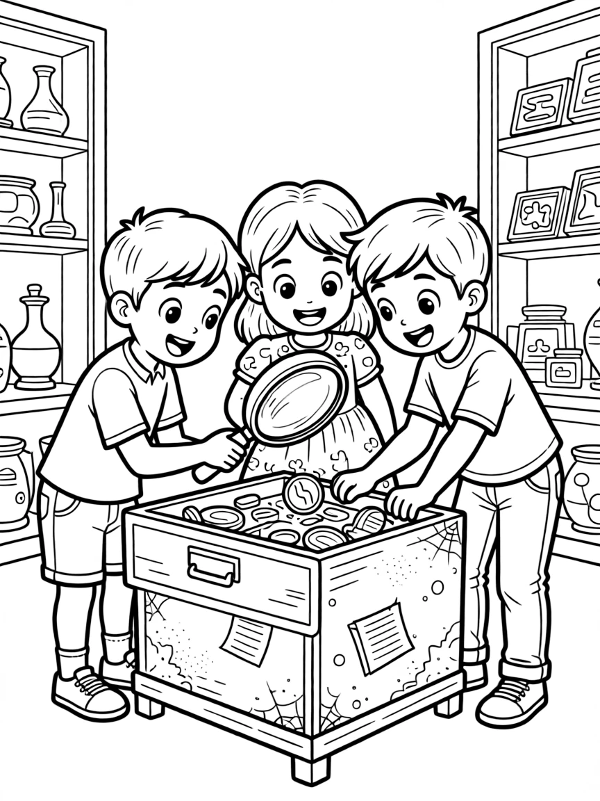 an excited group of three kids holds a magnifying glass over an old coin found in a dusty museum drawer.