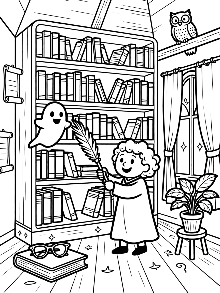 A wizard's tower is home to a friendly ghost who helps dust the bookshelves and occasionally hides his reading glasses.