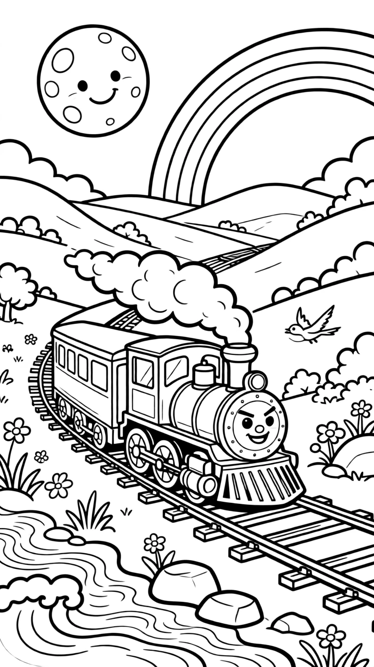 [Trains] a mountain cable train racing through a green valley along a coastline with waves crashing below, looking determined and brave, while puffy white steam trails behind the engine fills the surrounding area. Wheels clatter rhythmically along the rails. Set under a full moon, with a rainbow arching overhead, the page bursts with adventure and imagination.